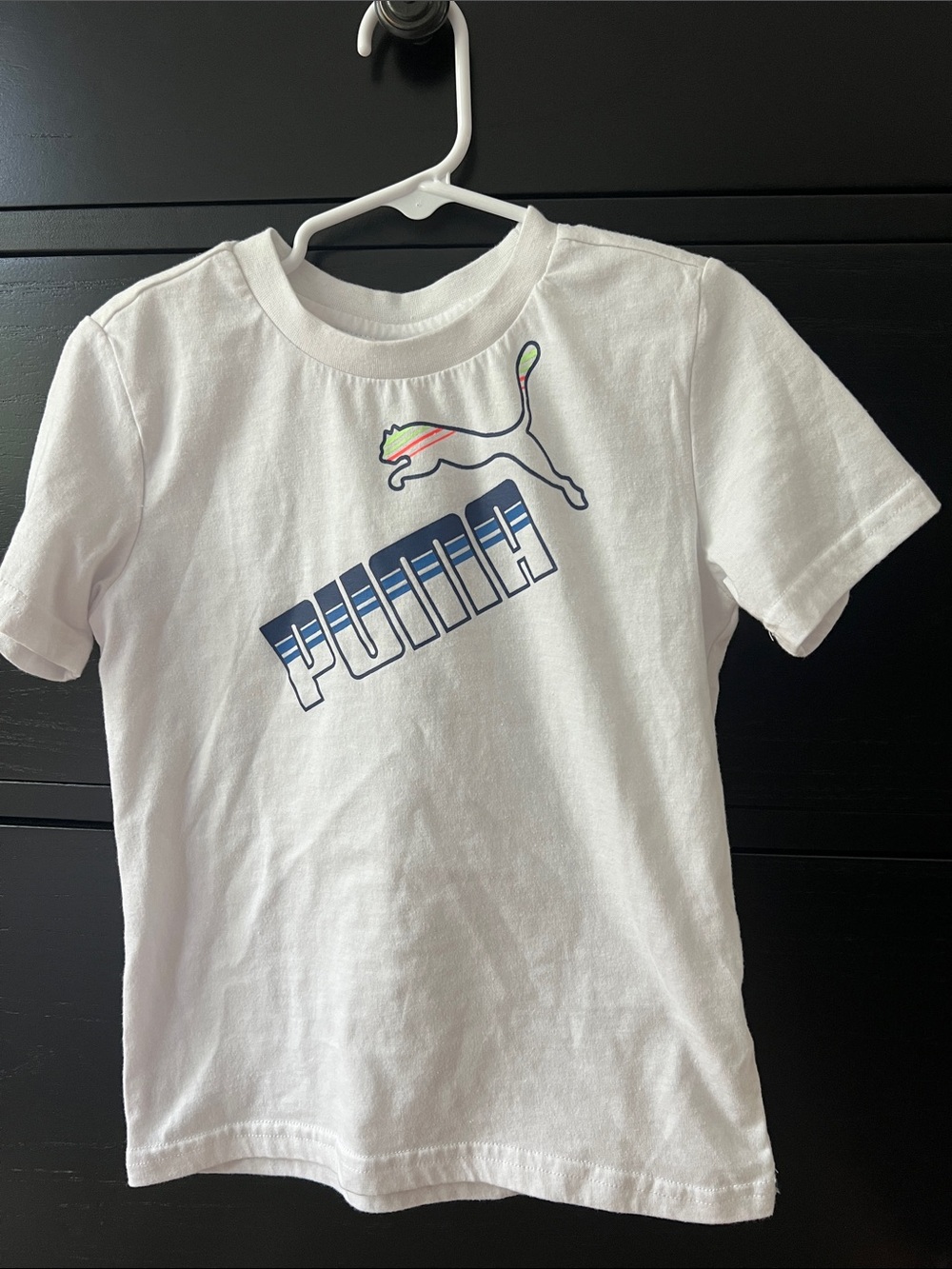 Puma White Tee with Navy Logo and Neon Accent